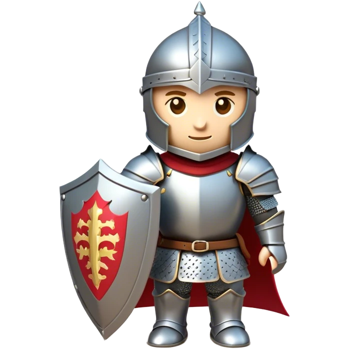 Clash of Clans aesthetic: Cinematic Playful Armored Knight Hero Emoji, rendered in a 3D vector-style similar to standard emojis with minimal shading and bold, simplified shapes. A compact, isometric warrior clad in gleaming plate armor with intricate heraldic details, softly glowing with a chivalrous medieval charm. Simplified yet unmistakably iconic, highly detailed and consistent, glowing with a soft radiant shine and high polish. Stylized with a touch of noble valor and a soft glowing outline, capturing the essence of a gallant knight ready for honorable battle with a friendly, playful manner! emoji