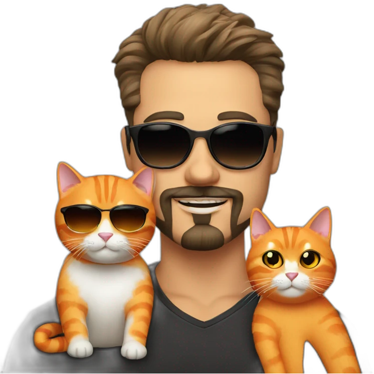polish man with goatee in sunglasses holding one orange cat and one black cat emoji