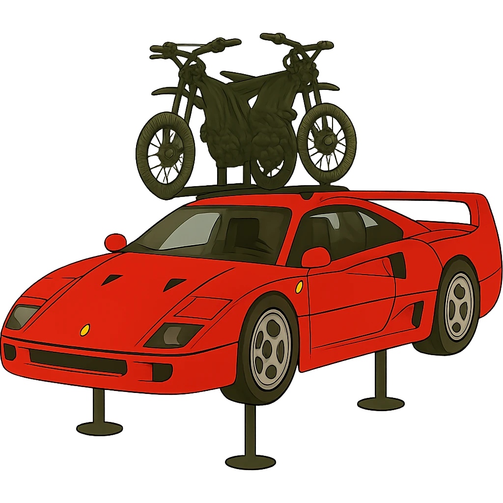 Make the two Sur-Ron electric bikes on the roof rack much smaller in proportion to the cartoonish Ferrari F40. Keep the background transparent. emoji