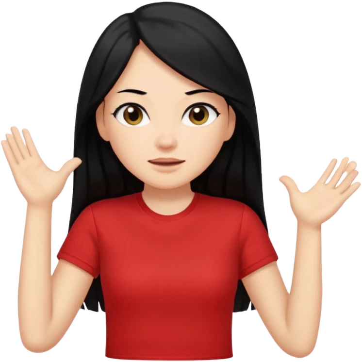 빨간색 티셔츠를 입고 긴 검정머리를 가진 여성이 모르겠다는 듯이 어깨를 올리고 고개를 살짝 왼쪽으로 기울고  제스처를 하고있음 🤷🏻‍♀️ emoji
