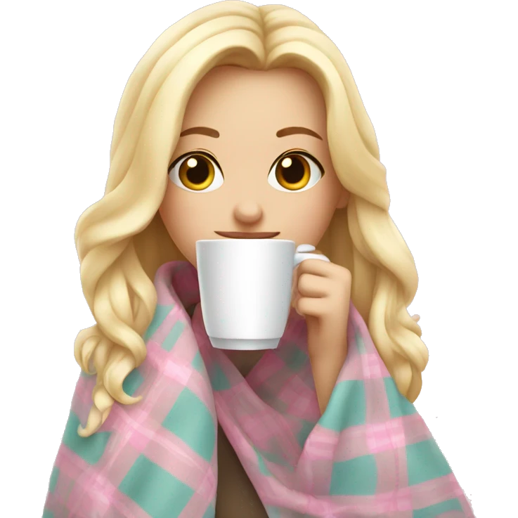 cute blonde girl wrapped in pastel pink plaid blanket drinking coffee emoji