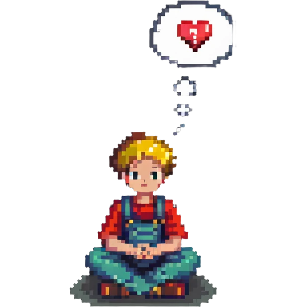 boy sitting, looking thoughtful, with a thought bubble containing a heart and question mark emoji