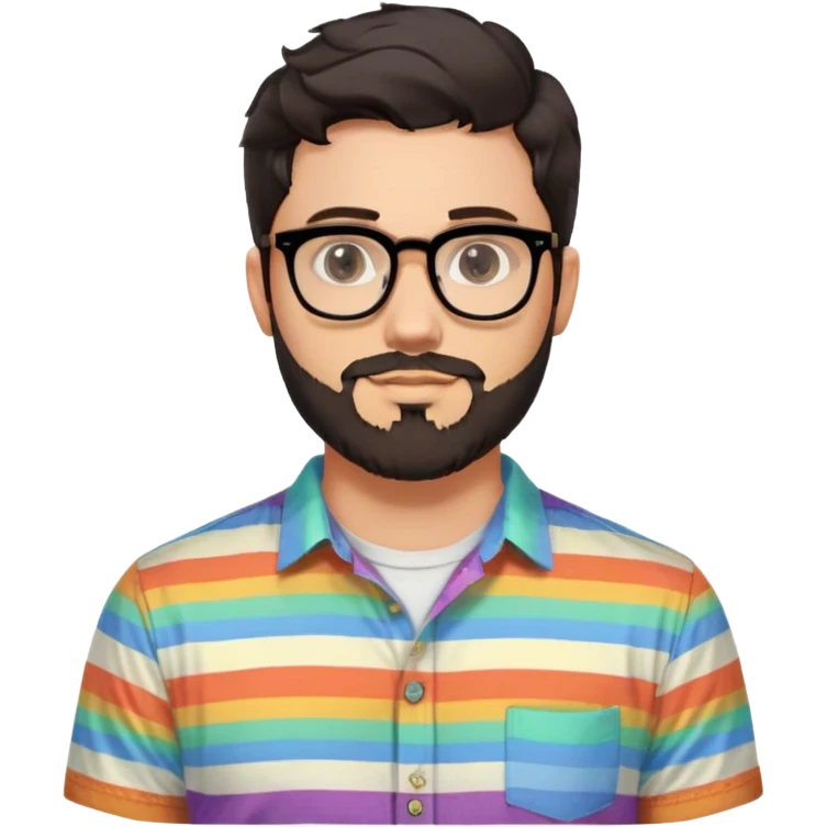 a 30-year-old man with light skin, medium solid build, wide face, soft cheeks, rounded jawline, neutral relaxed expression, short dense full beard, wavy voluminous brown-black hair at the front, large rectangular black thick frame glasses, colorful button-up shirt open showing white t-shirt emoji