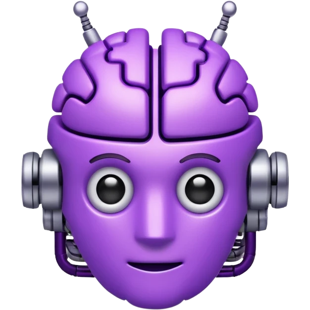 3D emoji icon of a purple circuit-patterned brain, small robot head with antennas on top, glowing binary ring, clean white background, minimalist tech style." emoji