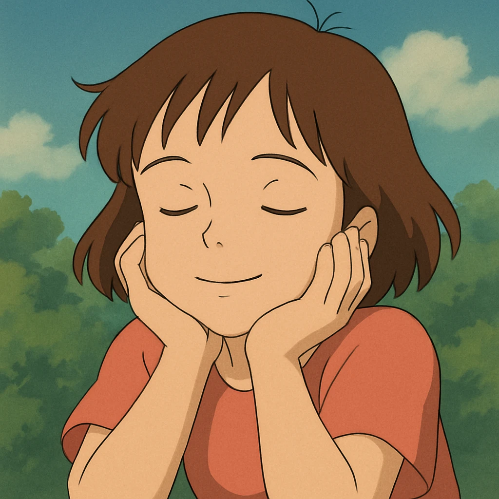 young white girl with brown hair, calm face, head resting on hands, feeling of mission accomplished, ghibli style emoji