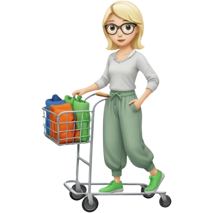 Fille blonde, pantalon d’Aladin vert. Lunettes ronde fine. Elle pousse un bac à roulette remplie de chaussettes  emoji