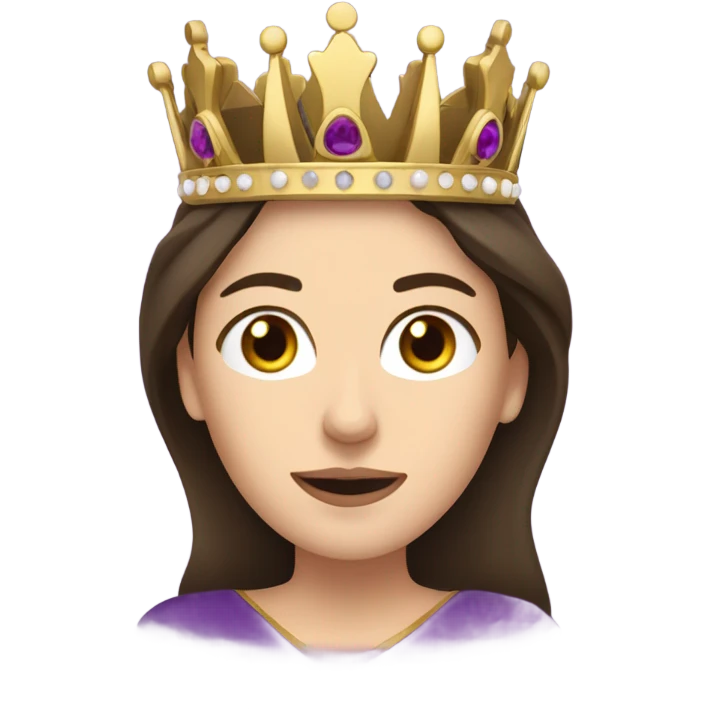 Caucasian long brunette woman wearing formal royal purple robes and a crown whose face shows love and adoration to the man she adores  emoji