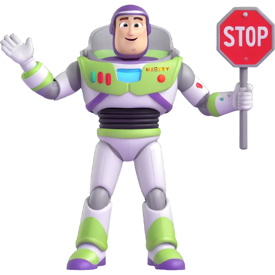 Buzz Lightyear character with a red stop sign above him emoji