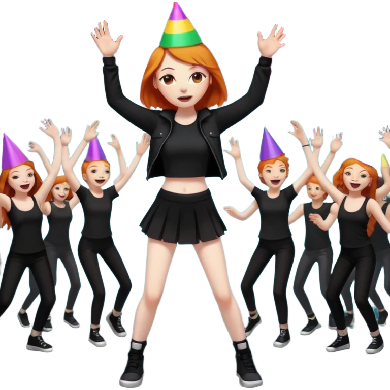 Ginger girl dancing at a rave. Full body, wearing dark colours give her loads of arms emoji