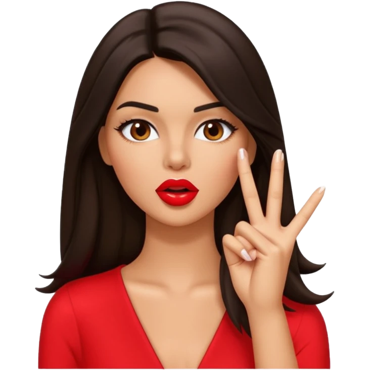 Create a glossy 3D emoji-style illustration of a glamorous brunette model inspired by Kendall Jenner, with long dark hair and defined features, making a “shh” gesture with one finger to the center of her lips. other hand is not in the picturePlayful, emoji