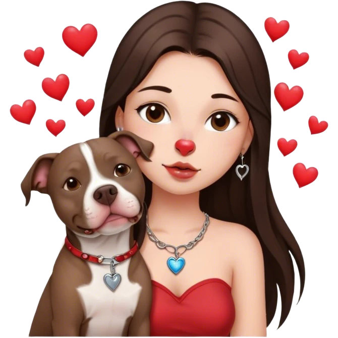 Young girl with long dark brown layered hair hair sits with her one dog who is a pretty girl pitbull with her cell phone in her hand in a small septum ring in her nose was hearts flying all around her emoji