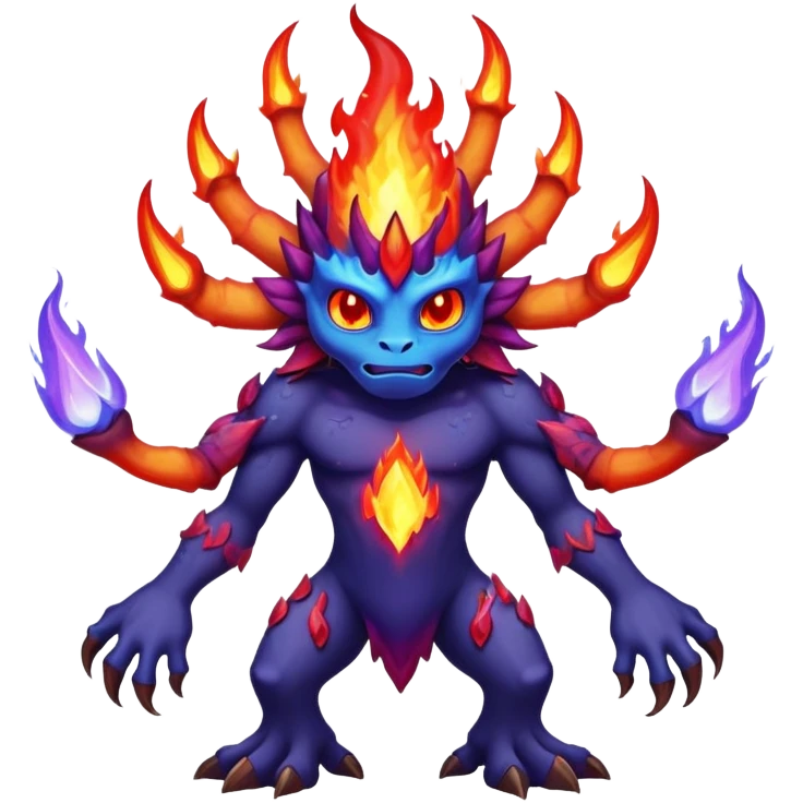 a mystical fast lava creature without arms with molten lava on its head and some rocky shoulders, fire crystals, blue flames, fire legs, no background, purple flames, mystical eyes, 8 arms, calm eyes, psychic powers emoji