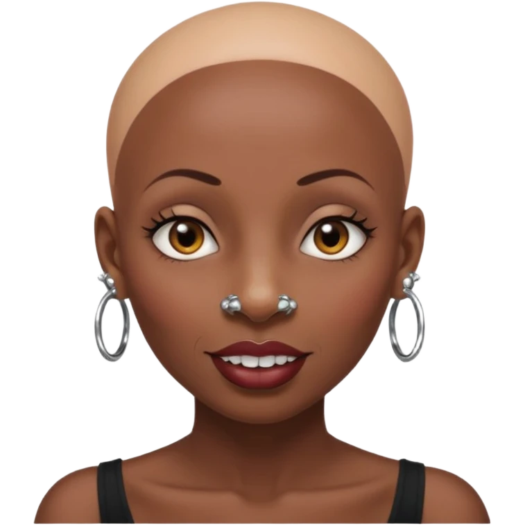 Grown black (proud) woman, bald with a perfect head, a prominent nose with a septum piercing, many piercings on her ears, a gap between her front teeth and very long nails emoji