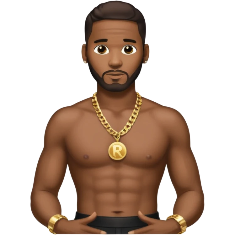 R Kelly with dark brown hair, metallic black pants, shirtless with necklace emoji
