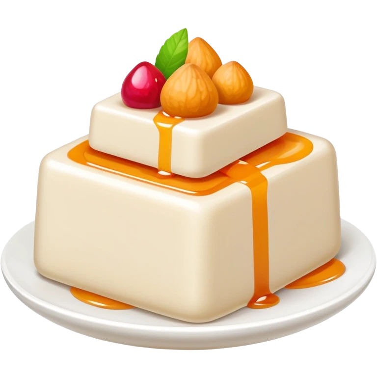 Almond tofu dessert with fruit topping, simplified emoji style with bold outlines and bright colors, cartoon style Xing Ren Doufu jelly emoji