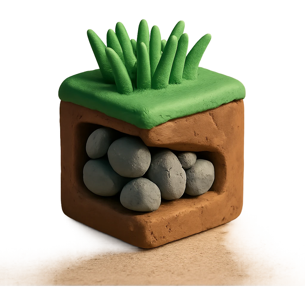 brown cube with small gray stones inside and green grass on top emoji