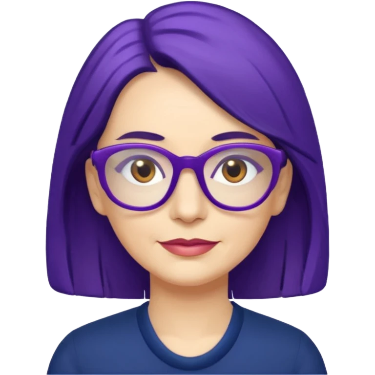 50-year-old woman with purple glasses, brown eyes, and navy blue shoulder-length hair emoji