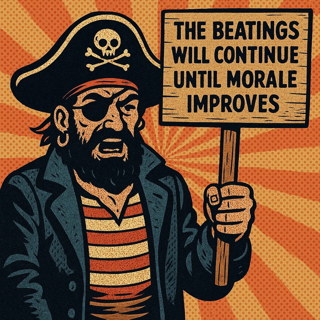 darkly humorous illustration of a pirate captain holding a sign that says 'The beatings will continue until morale improves', bold cartoon style emoji