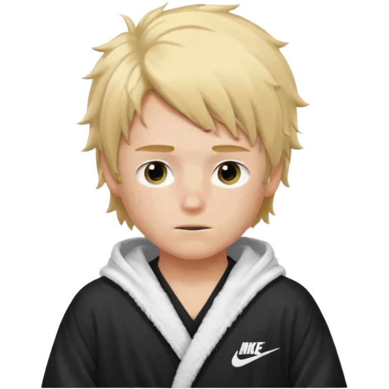Create a blond boy with long, messy hair, light eyes, a white t-shirt, rich, with long hair, blue eyes, medium-length, voluminous hair, wearing a black Nike bathrobe and a little blush near his nose. and with a balaclava like a ninja and with freckles emoji