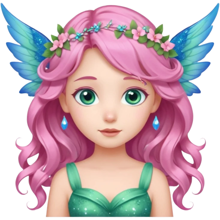 Una ragazza datata, occhi azzurri rosati dolci e aperti, vestito verde come la natura co  altri elementi e fiori rosa, deve avere le ali azzurrine,decorati con fiori e con glitter. O capelli di colore rosa chiaro con in acconciature tipica delle fate, capelli mossi e lunghi emoji