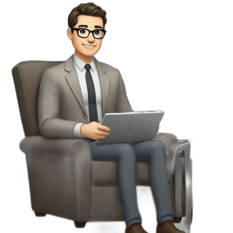 Pale skinned Fit Man With dark brown hair in gray jacket, beige office shirt and vintage glasses sitting In a soft chair with a notebook with emblem Ψ and a pen in his hands emoji