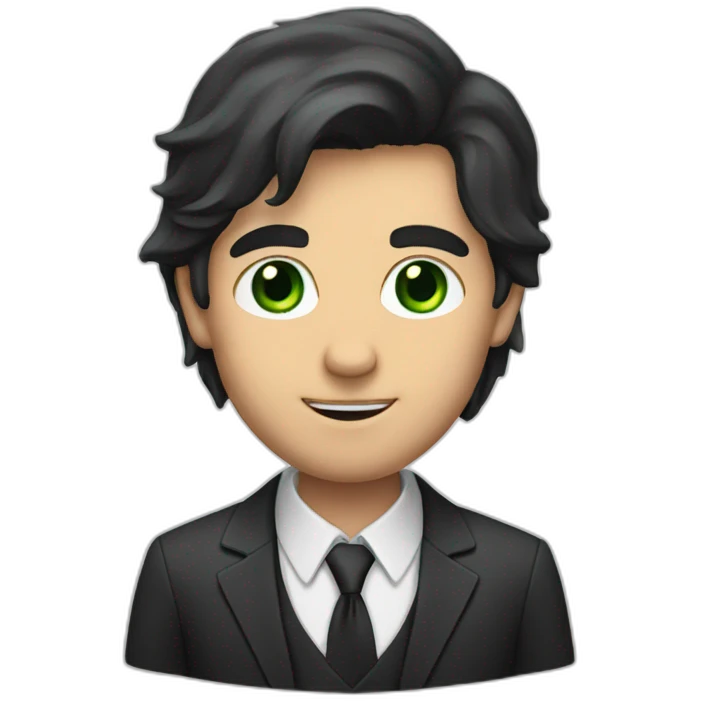 a man with long dark hair in a suit, green eyes emoji