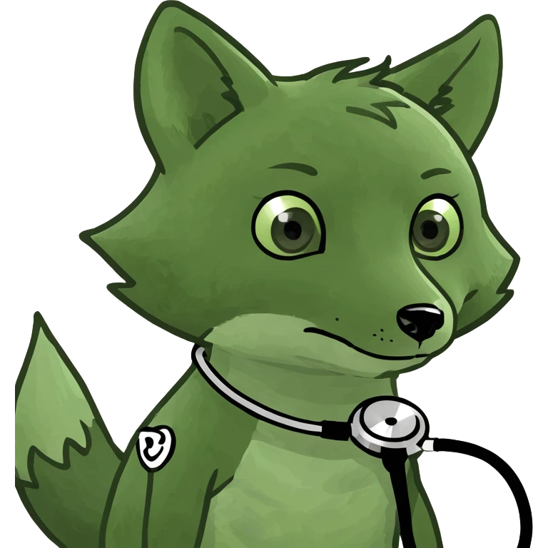 Add a stethoscope or pill bottle to the baby fox, referencing pharmacology, in the bufo frog meme style, with no background. emoji