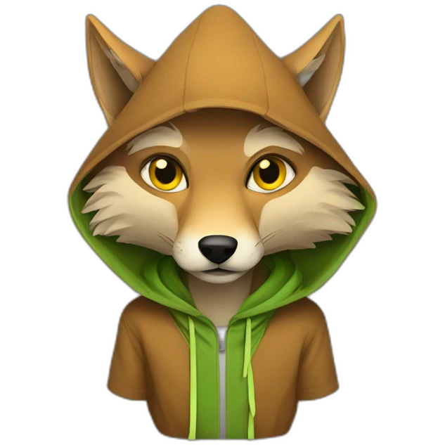 brown coyote with yellow eyes and a green hood that sadly emoji