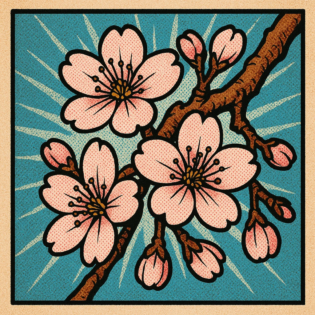 sakura cherry blossom, old school comic book style emoji