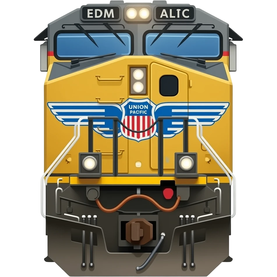 American made, EMD train engine, locomotive engine, front view, union pacific, cartoon style of a realistic picture emoji