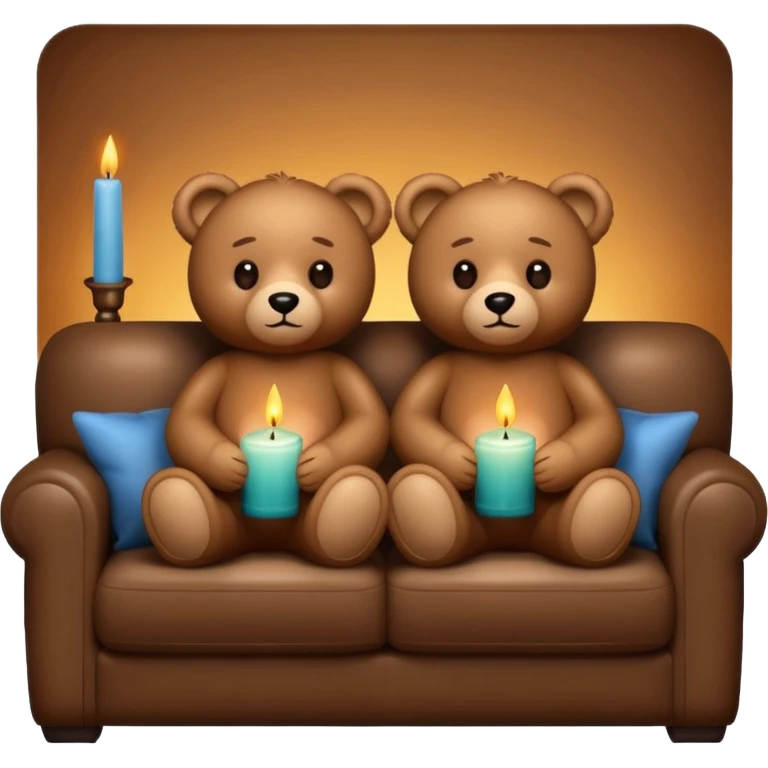 Two cozy teddy bears watching tv on couch with candles next to them emoji