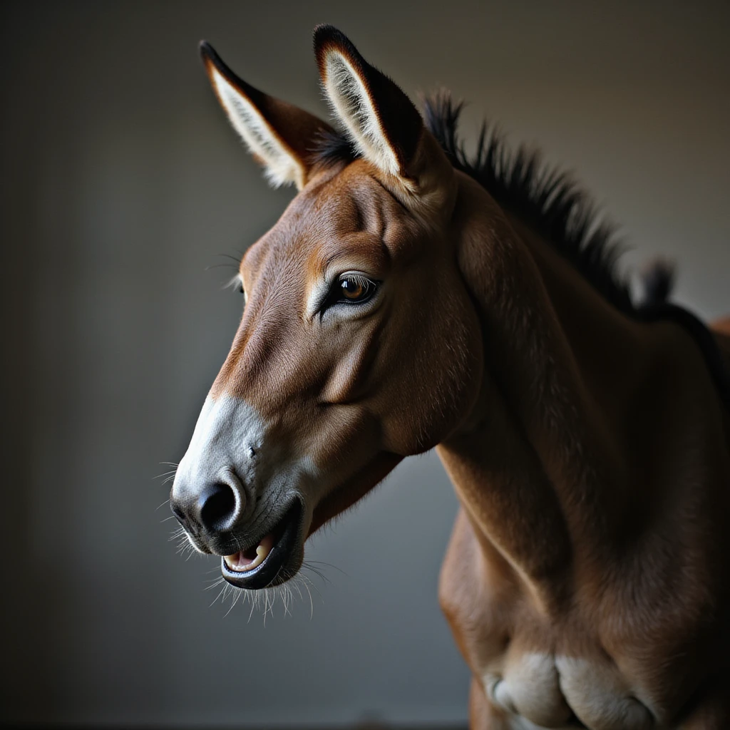 side view of a realistic angry mule, ears flat against head, tense muscles, natural lighting emoji