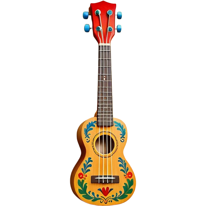 Create a vibrant and artistic emoji representing a ukulele with a Mexican design. The ukulele should feature a bright, colorful body with traditional Mexican patterns, such as geometric shapes, floral motifs, or colorful stripes. Use rich, warm tones like red, yellow, green, and blue to give the instrument a lively, festive look. Highlight the wood grain of the ukulele’s neck and fingerboard, and add subtle details like decorative inlays or a small Mexican flag symbol on the body. The strings should be clearly visible, and the instrument should be in a slightly angled position to showcase its unique design. The background should be transparent. emoji