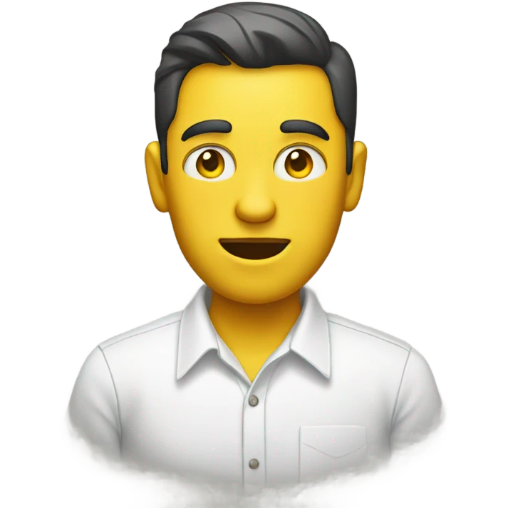 yellow skin man typing on white keyboard on desk wearing white button down shirt front view emoji
