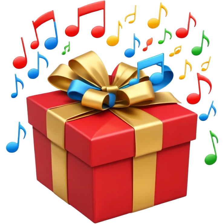 A wrapped gift box opening with colorful music notes flying out. the box is open  emoji