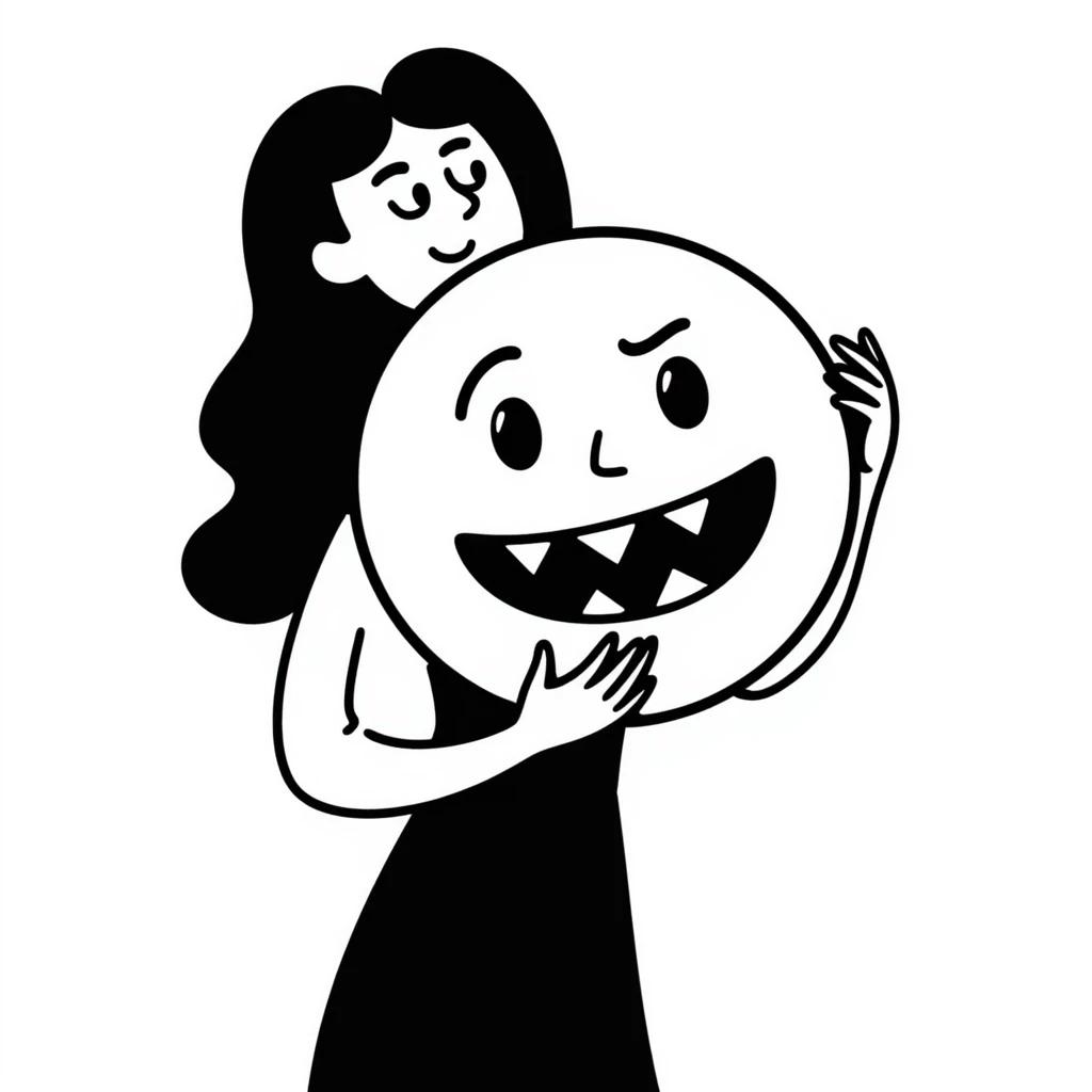 A woman with long black hair holding a toxic emoji emoji