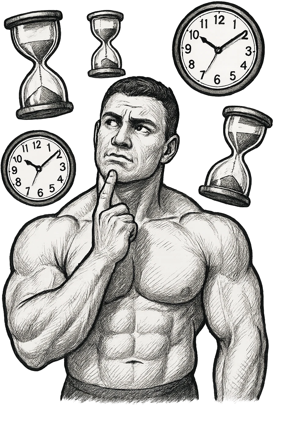 bodybuilder pensieroso che si tiene l'indice sul mento, alle sue spalle fluttuano clessidre e orologi da muro emoji