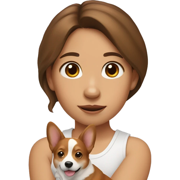 a girl with brown hair has a corgi on her arms emoji