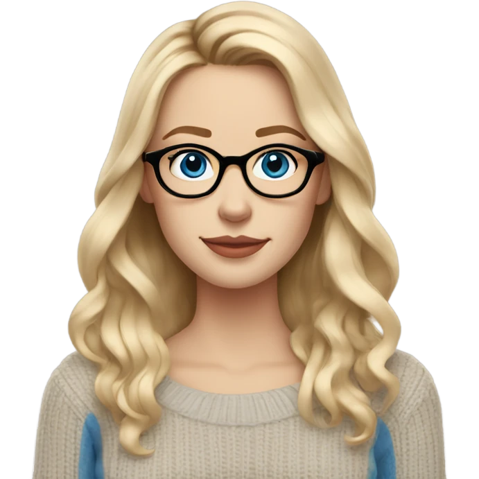 White women, long blonde balayage hair, no smile, blue eyes, beige sweater wearing glasses  emoji