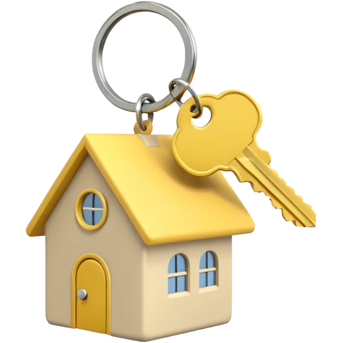light beige house keychain on keys with a yellow key, emoji style, transparent background, minimalistic emoji