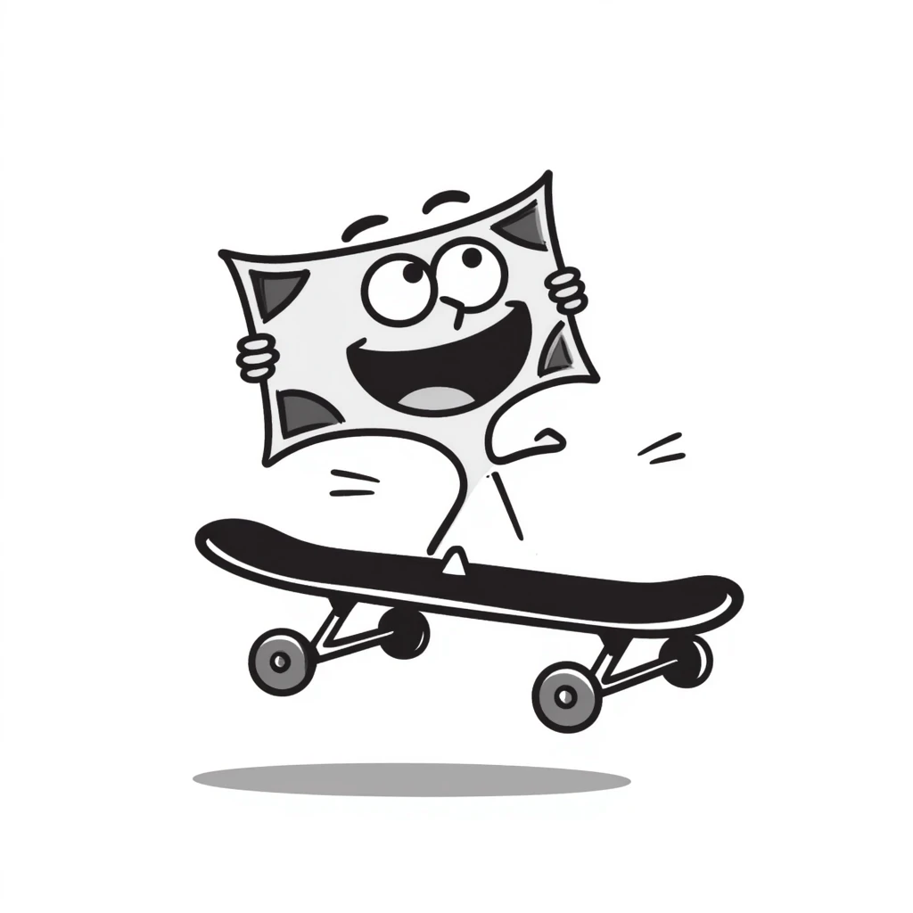 a hand drawn doodle of money riding a skateboard emoji
