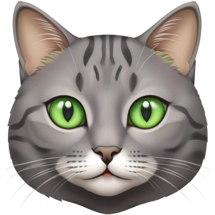 grey cat with tabby markings, small close-set bright green eyes emoji