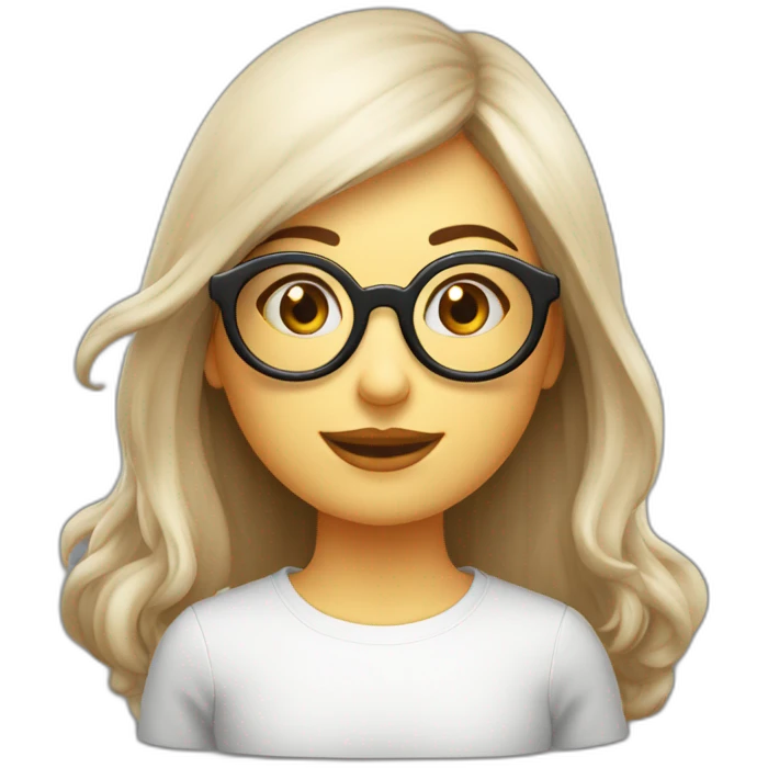  mujer blanca de cara redonda pelo largo liso marrón con lentes emoji