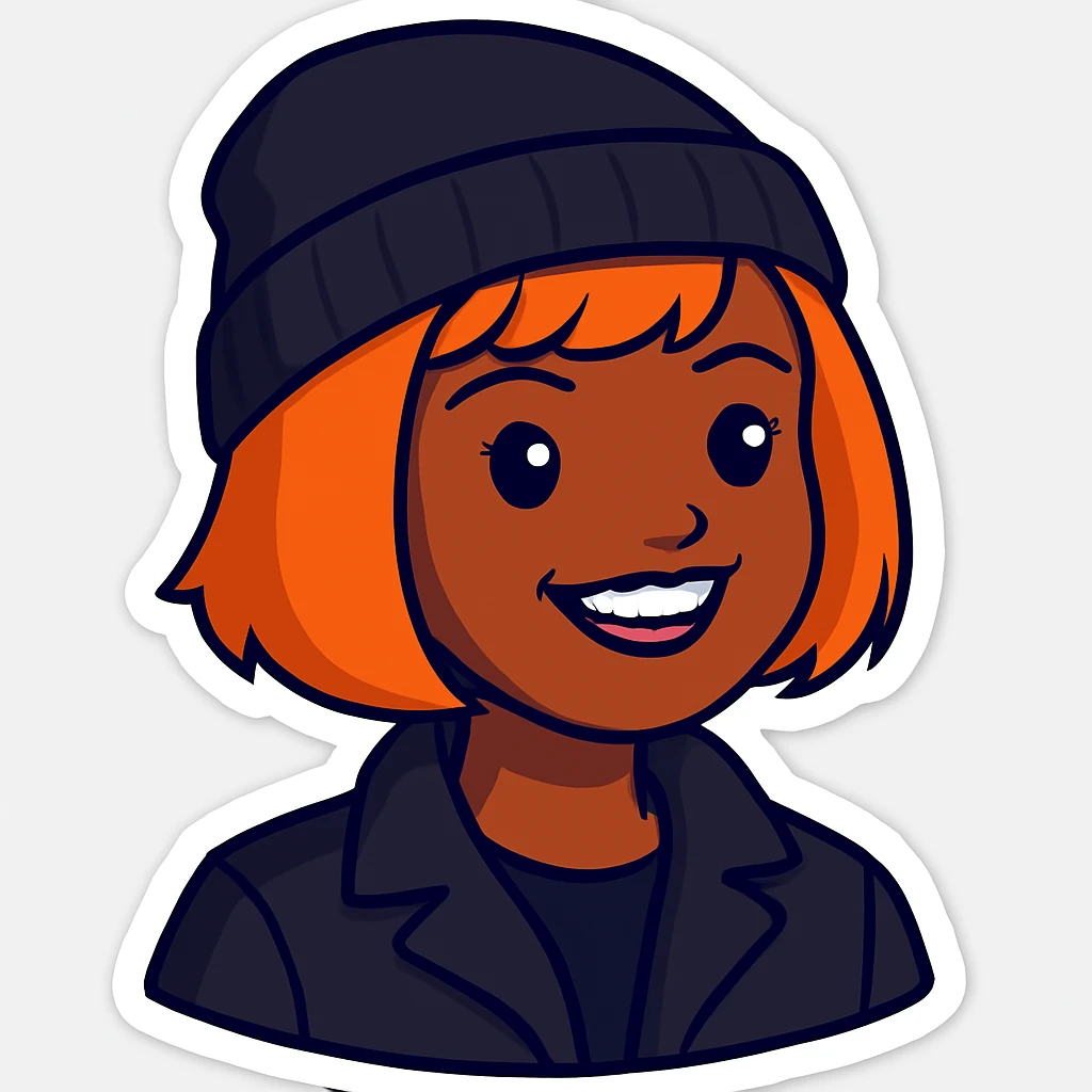Make the sticker style image have a black beanie on her head and make her wear a black jacket emoji