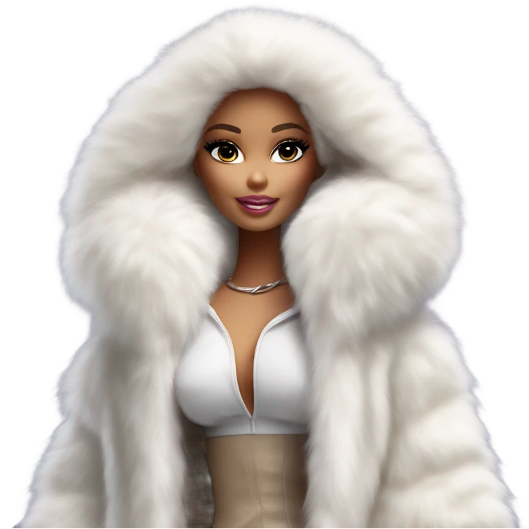 Barbie in an extremely big fluffy oversized white fur coat with hood on. The fur is real and it’s very obvious big and fluffy like in Pinterest  emoji