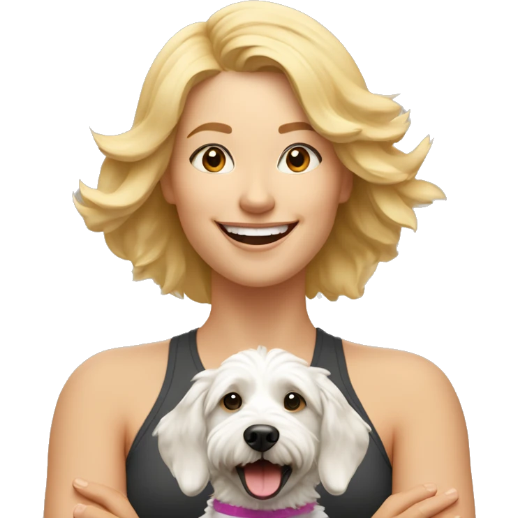blonde woman expressing joy dressed in a yoga outfit alongside a tri-colored bernadoodle dog emoji