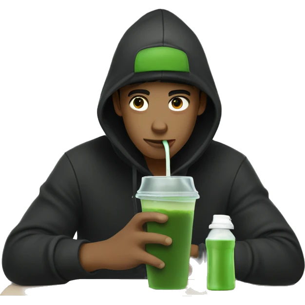 chill guy with black hoodie and black cap  drinking matcha from a plastic bottle emoji