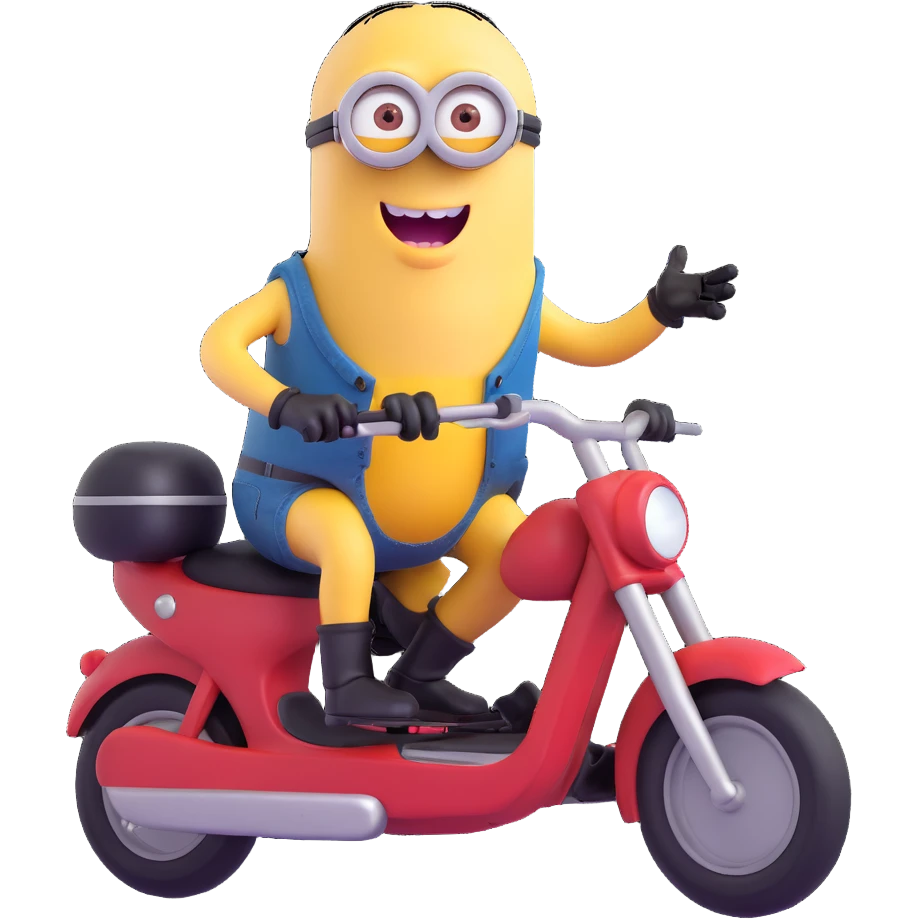 a single minion riding a small motorcycle, looking excited emoji