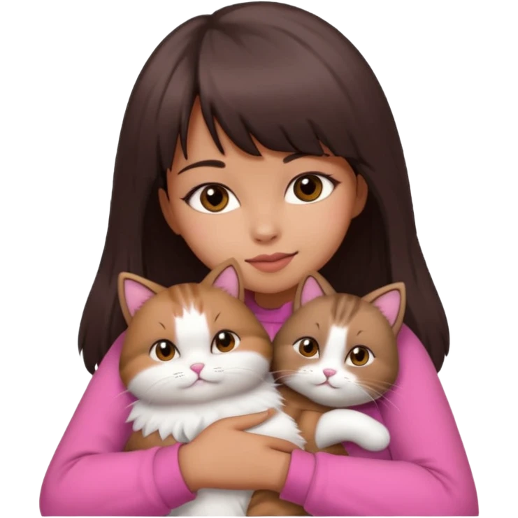 beautiful woman with dark brown straight hair and bangs, brown eyes wear a pink clothes and hugs a cute chubby cat emoji