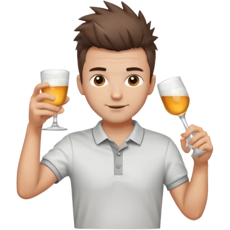 Handsome male.short messy brown hair.mowhawk hairstyle. wearing white golf shirt.grey shorts. Cheersing with a shot emoji